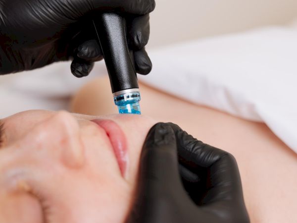 Professional microneedling treatment being performed on a patient&rsquo;s face with a handheld device, gloved technician ensuring precision.